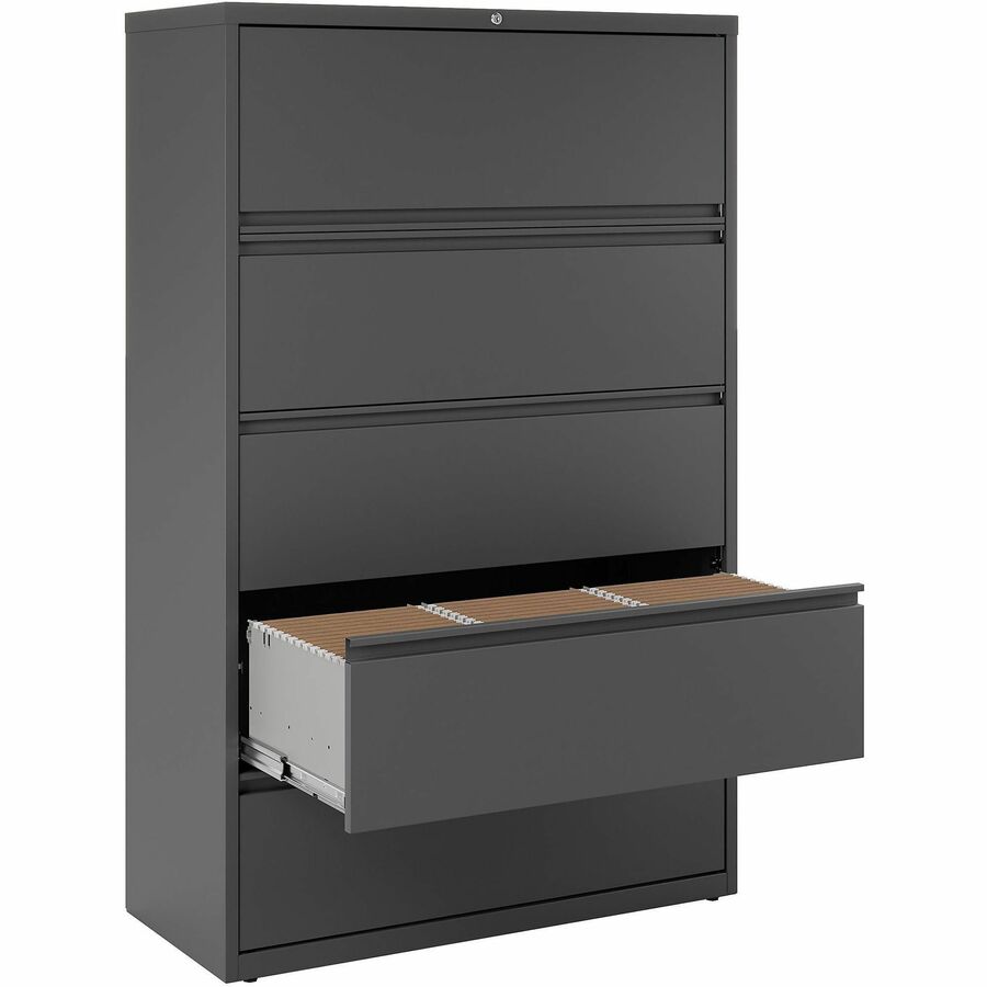 Lorell Fortress Series Lateral File w/Roll-out Posting Shelf - 42" x 18.6" x 67.7" - 5 x Drawer(s) - Legal, Letter, A4 - Lateral - Rust Proof, Leveling Glide, Interlocking - Charcoal - Steel - Recycled