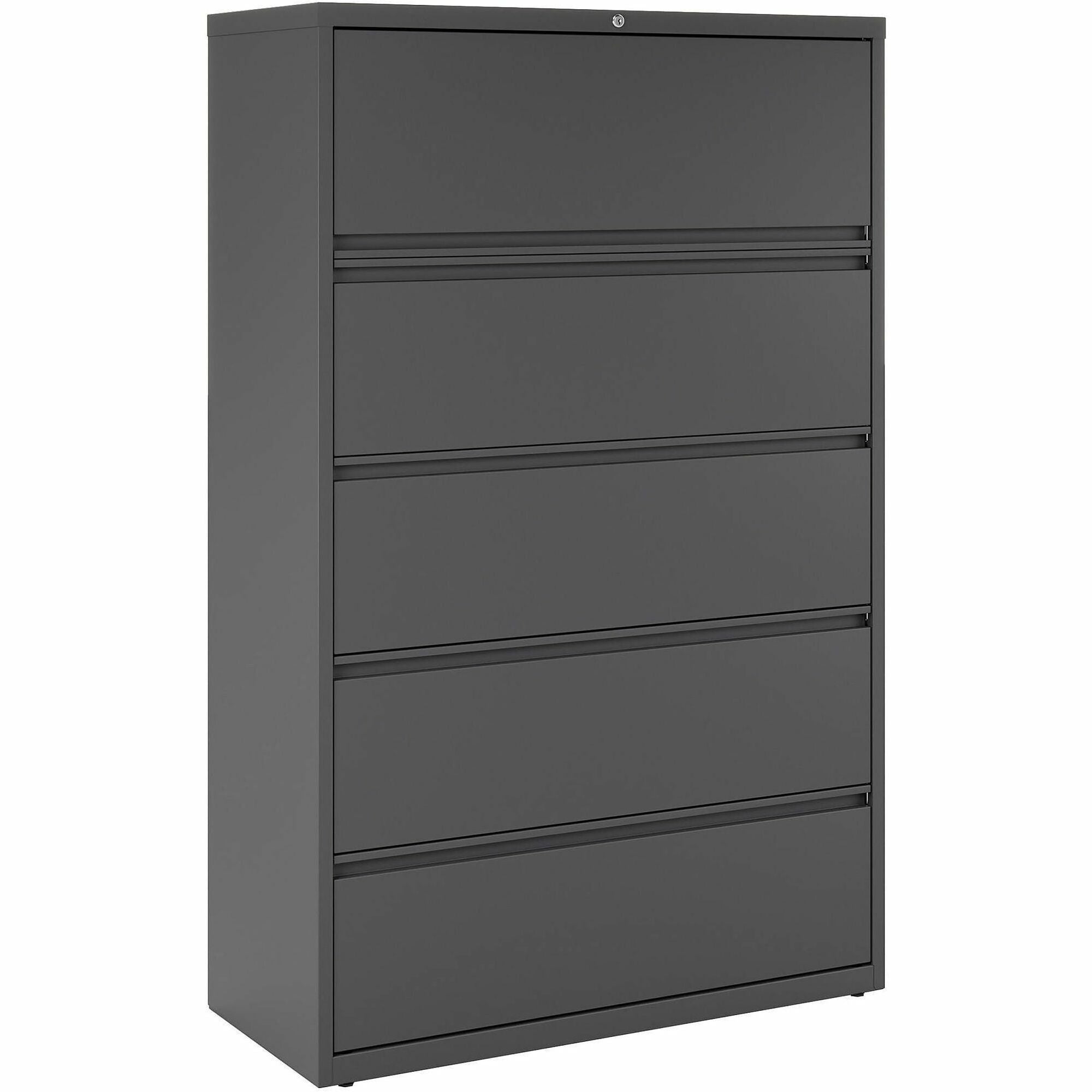 Lorell Fortress Series Lateral File w/Roll-out Posting Shelf - 42" x 18.6" x 67.7" - 5 x Drawer(s) - Legal, Letter, A4 - Lateral - Rust Proof, Leveling Glide, Interlocking - Charcoal - Steel - Recycled