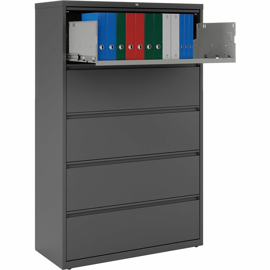 Lorell Fortress Series Lateral File w/Roll-out Posting Shelf - 42" x 18.6" x 67.7" - 5 x Drawer(s) - Legal, Letter, A4 - Lateral - Rust Proof, Leveling Glide, Interlocking - Charcoal - Steel - Recycled