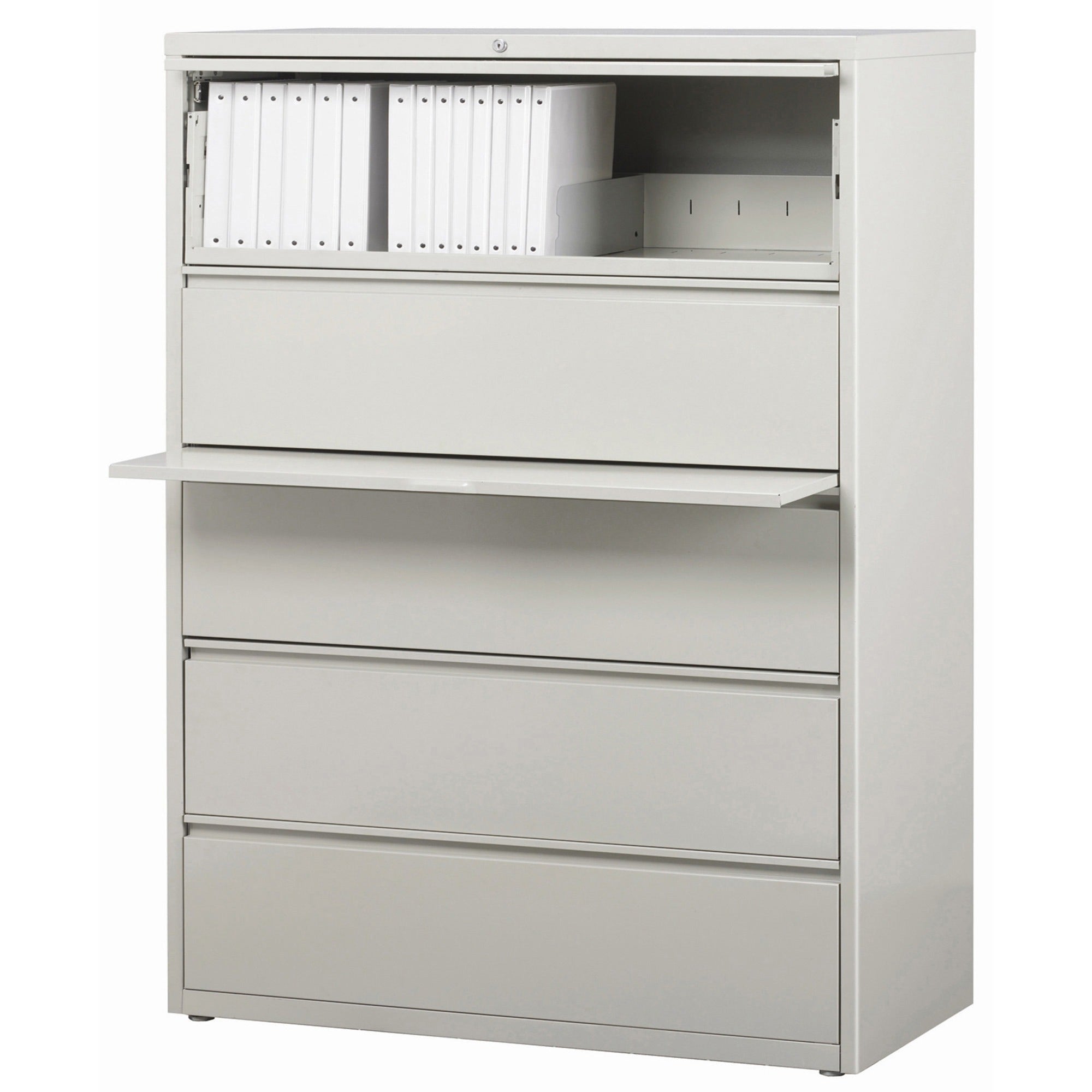 Lorell Fortress Series Lateral File w/Roll-out Posting Shelf - 42" x 18.6" x 67.7" - 5 x Drawer(s) for File - Legal, Letter, A4 - Lateral - Rust Proof, Leveling Glide, Interlocking, Ball-bearing Suspension, Label Holder - Light Gray - Steel - Recycle - 