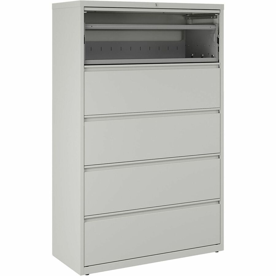 Lorell Fortress Series Lateral File w/Roll-out Posting Shelf - 42" x 18.6" x 67.7" - 5 x Drawer(s) for File - Legal, Letter, A4 - Lateral - Rust Proof, Leveling Glide, Interlocking, Ball-bearing Suspension, Label Holder - Light Gray - Steel - Recycle