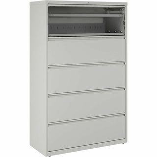 Lorell Fortress Series Lateral File w/Roll-out Posting Shelf - 42" x 18.6" x 67.7" - 5 x Drawer(s) for File - Legal, Letter, A4 - Lateral - Rust Proof, Leveling Glide, Interlocking, Ball-bearing Suspension, Label Holder - Light Gray - Steel - Recycle