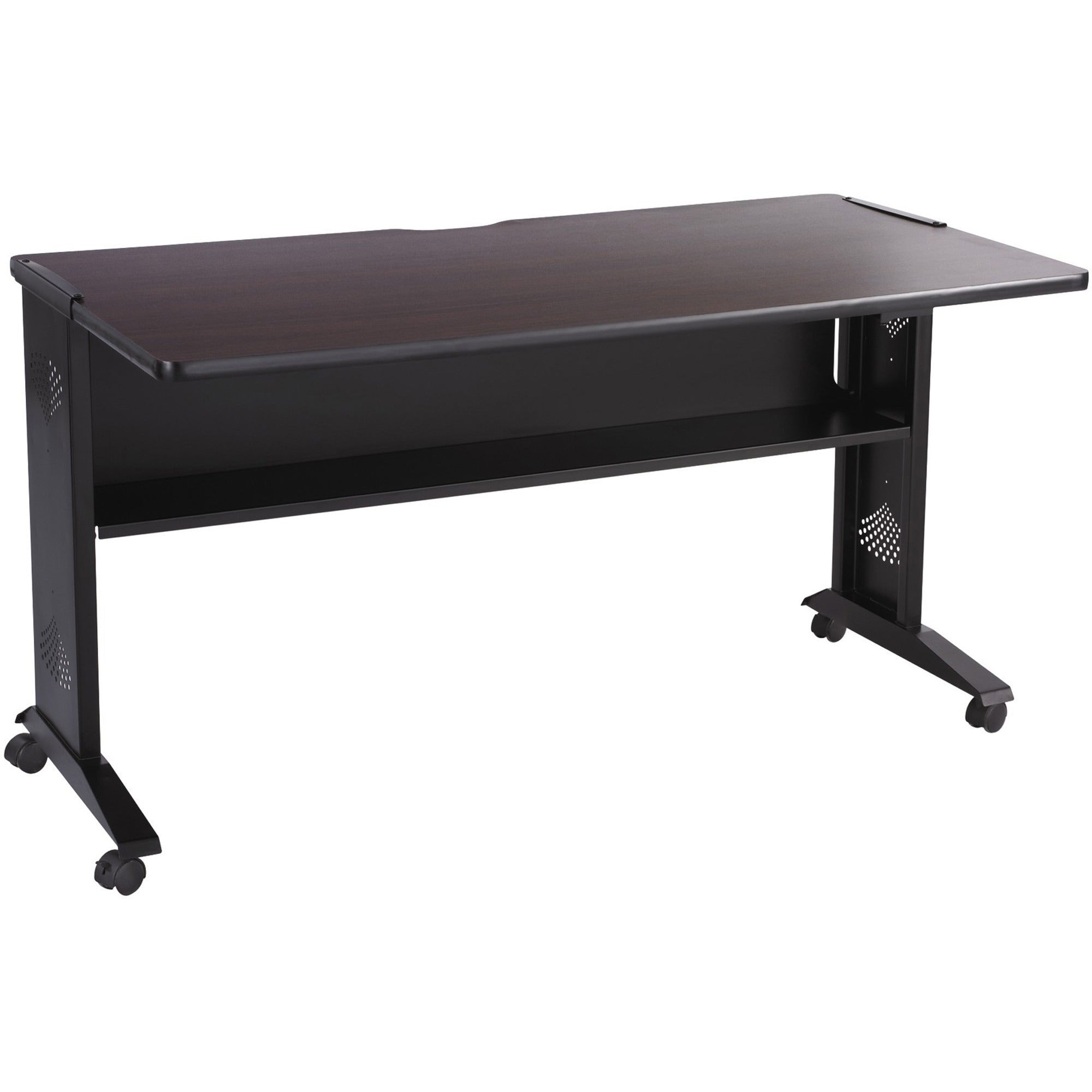 Mobile Computer Desk with Reversible Top, 53.5" x 28" x 30", Mahogany/Medium Oak/Black