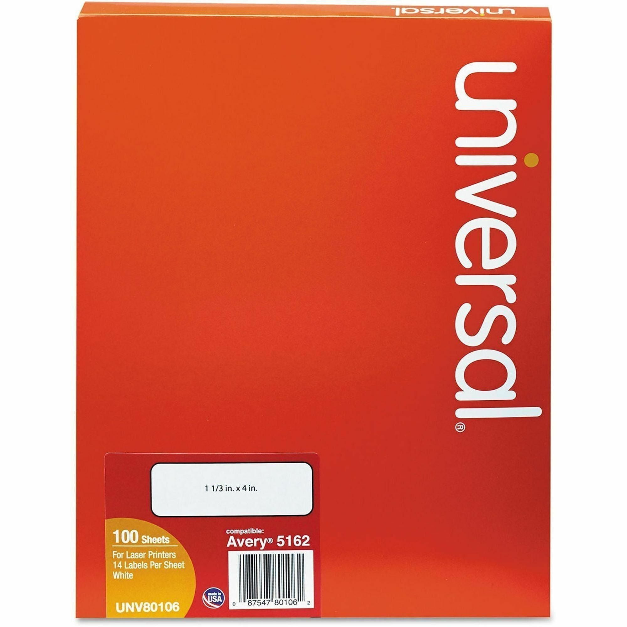 White Labels, Inkjet/Laser Printers, 1.33 x 4, White, 14/Sheet, 100 Sheets/Box