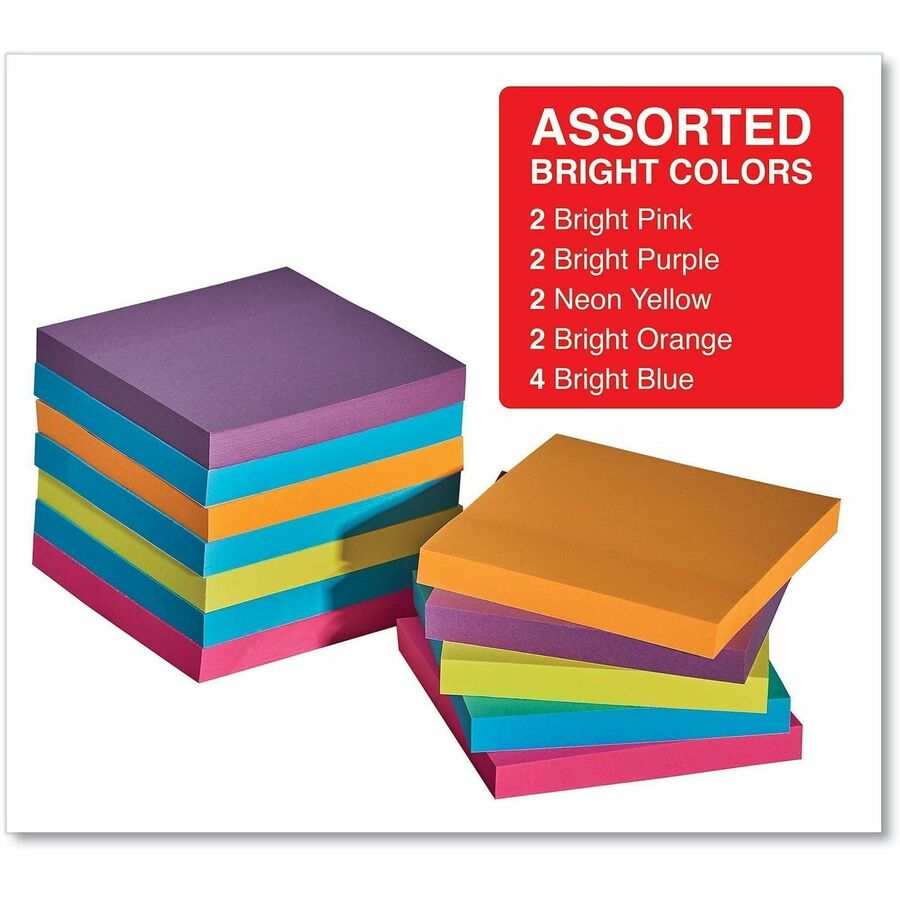 Self-Stick Note Pads, 3" x 3", Assorted Bright Colors, 100 Sheets/Pad, 12 Pads/Pack