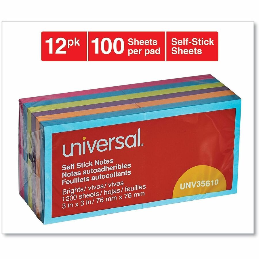 Self-Stick Note Pads, 3" x 3", Assorted Bright Colors, 100 Sheets/Pad, 12 Pads/Pack