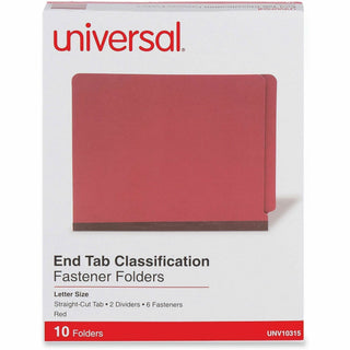 Red Pressboard End Tab Classification Folders, 2" Expansion, 2 Dividers, 6 Fasteners, Letter Size, Red Exterior, 10/Box