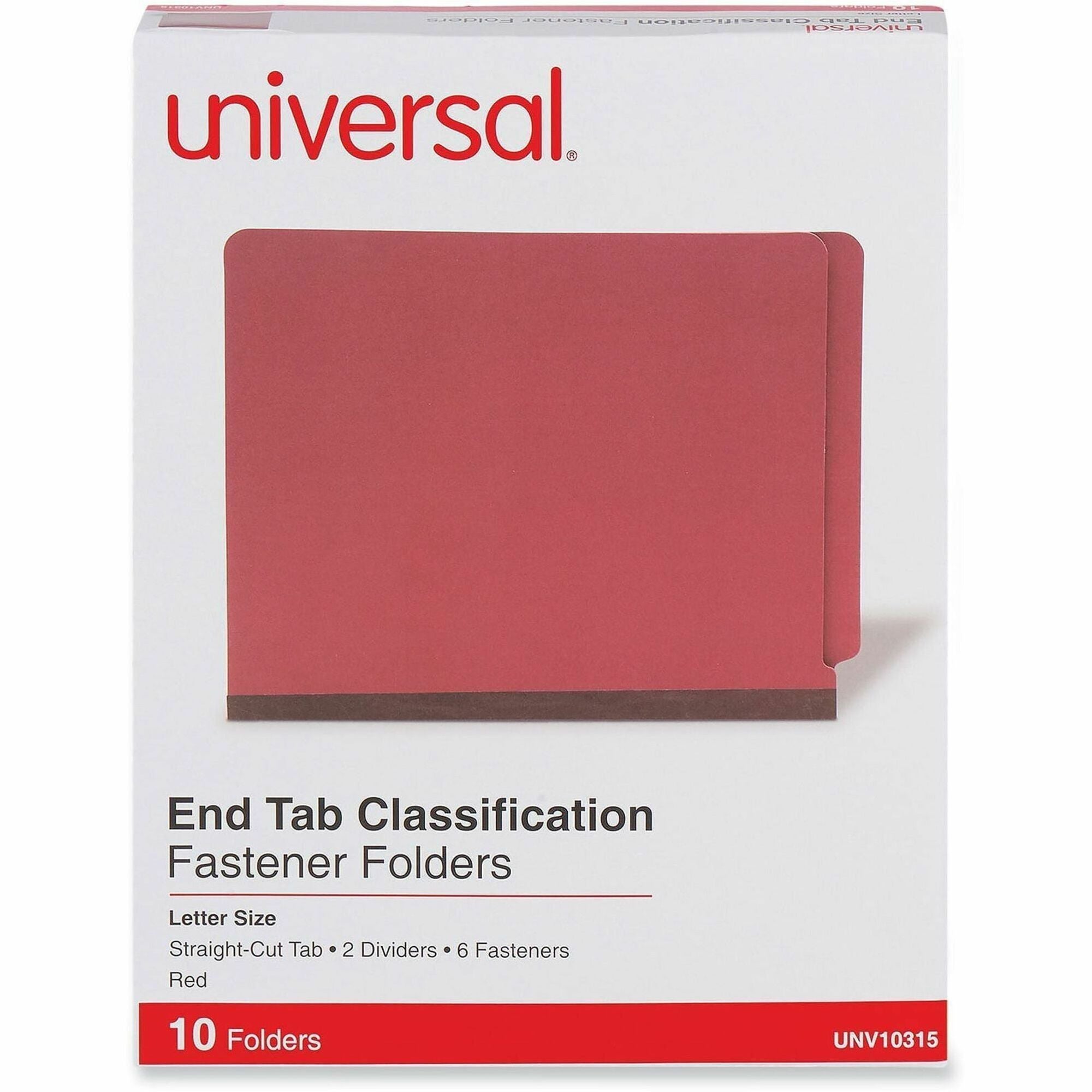 Red Pressboard End Tab Classification Folders, 2" Expansion, 2 Dividers, 6 Fasteners, Letter Size, Red Exterior, 10/Box
