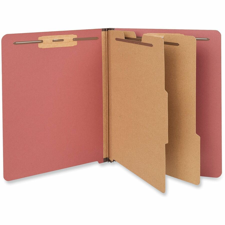 Red Pressboard End Tab Classification Folders, 2" Expansion, 2 Dividers, 6 Fasteners, Letter Size, Red Exterior, 10/Box
