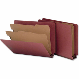 Red Pressboard End Tab Classification Folders, 2" Expansion, 2 Dividers, 6 Fasteners, Letter Size, Red Exterior, 10/Box