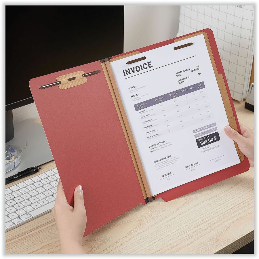 Red Pressboard End Tab Classification Folders, 2" Expansion, 2 Dividers, 6 Fasteners, Letter Size, Red Exterior, 10/Box