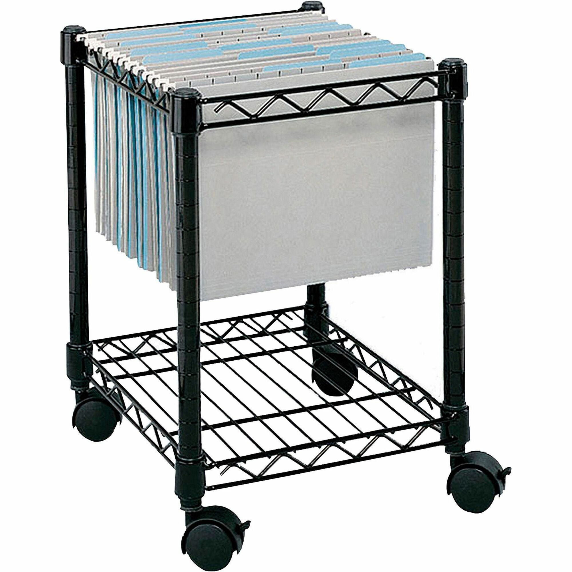 Compact Mobile Wire File Cart, Metal, 1 Shelf, 1 Bin, 15.5" x 14" x 19.75", Black