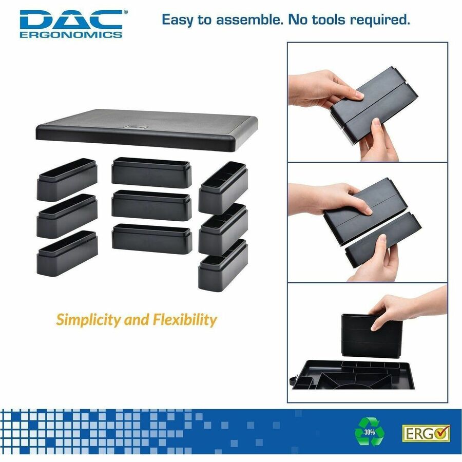 DAC Height Adjustable LCD/TFT Monitor Riser - 66 lb Load Capacity - Flat Panel Display Type Supported - 4.8" Height x 13" Width x 10.5" Depth - Black