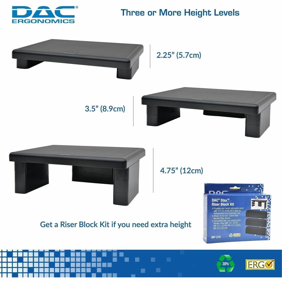 DAC Height Adjustable LCD/TFT Monitor Riser - 66 lb Load Capacity - Flat Panel Display Type Supported - 4.8" Height x 13" Width x 10.5" Depth - Black