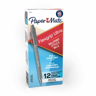 FlexGrip Ultra Recycled Ballpoint Pen, Retractable, Fine 0.8 mm, Black Ink, Gray/Black Barrel, Dozen