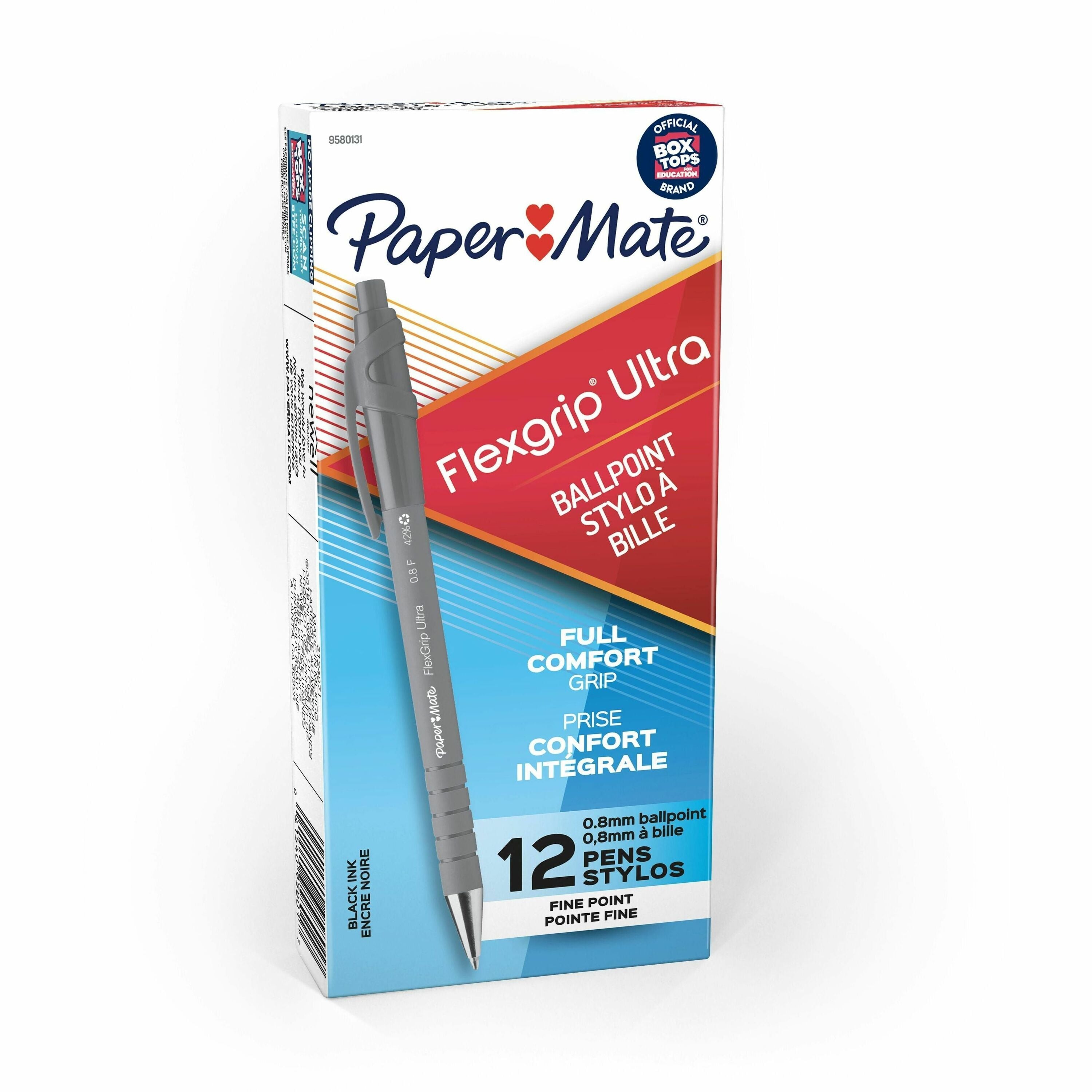 FlexGrip Ultra Recycled Ballpoint Pen, Retractable, Fine 0.8 mm, Black Ink, Gray/Black Barrel, Dozen