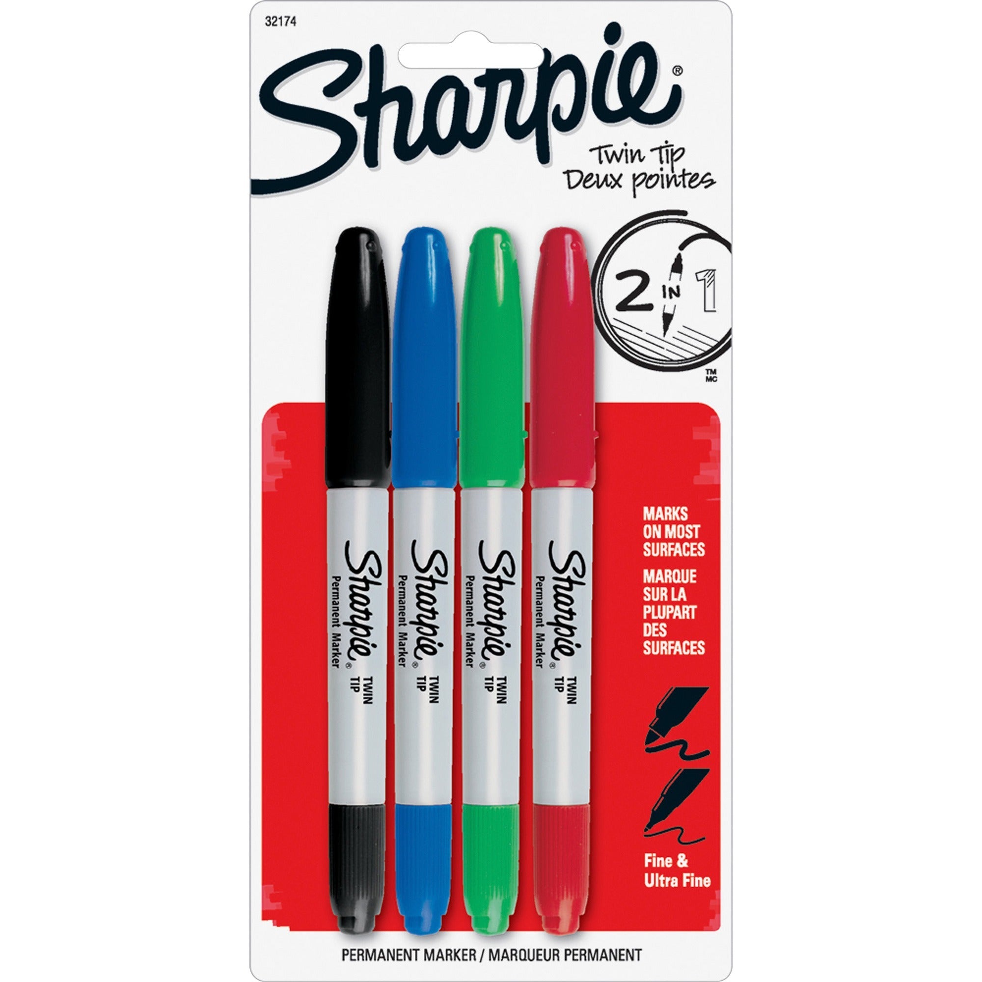 Sharpie Twin Tip Permant Maker - Ultra Fine, Fine Marker Point - 1 mm, 0.3 mm Marker Point Size - Black, Red, Blue, Green Alcohol Based Ink - 4 / Set - 