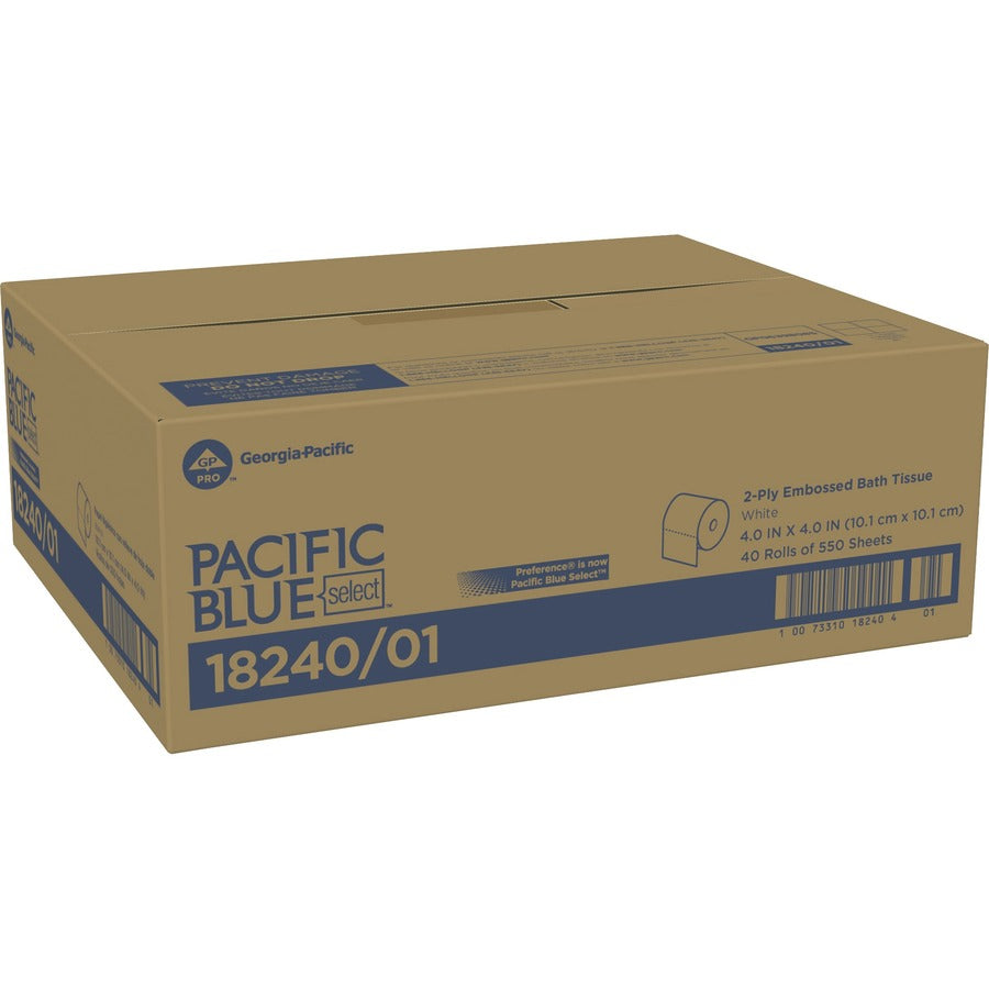 Pacific Blue Select Standard-Roll Embossed Toilet Paper - 2 Ply - 4" x 4.05" - 550 Sheets/Roll - White - Perforated, Absorbent, Durable, Soft - For Restroom - 40 / Carton - 