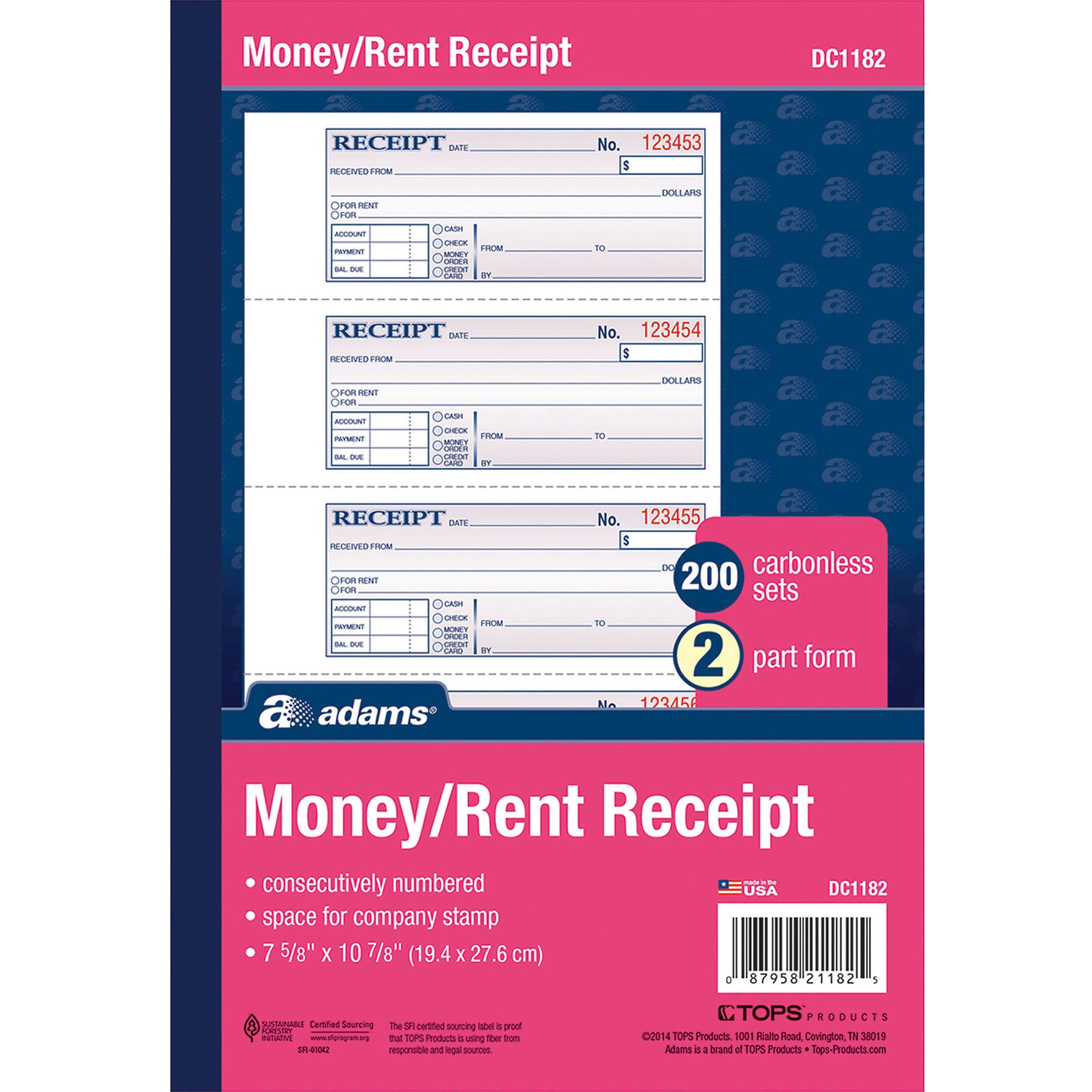 Adams Money/Rent Receipt Book - 200 Sheet(s) - Tape Bound - 2 PartCarbonless Copy - 7.62" x 11" Sheet Size - White - 1 Each - 
