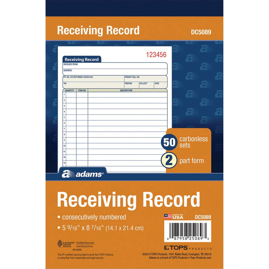 Adams Carbonless Receiving Record Book - 50 Sheet(s) - 2 PartCarbonless Copy - 5.56" x 8.43" Sheet Size - White - 1 Each