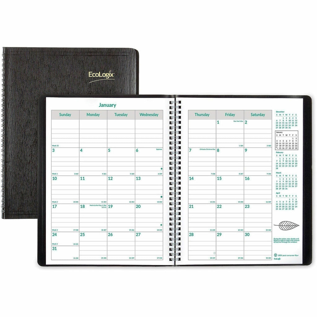 EcoLogix Recycled Monthly Planner, EcoLogix Artwork, 11 x 8.5, Black Cover, 14-Month (Dec to Jan): 2023 to 2025