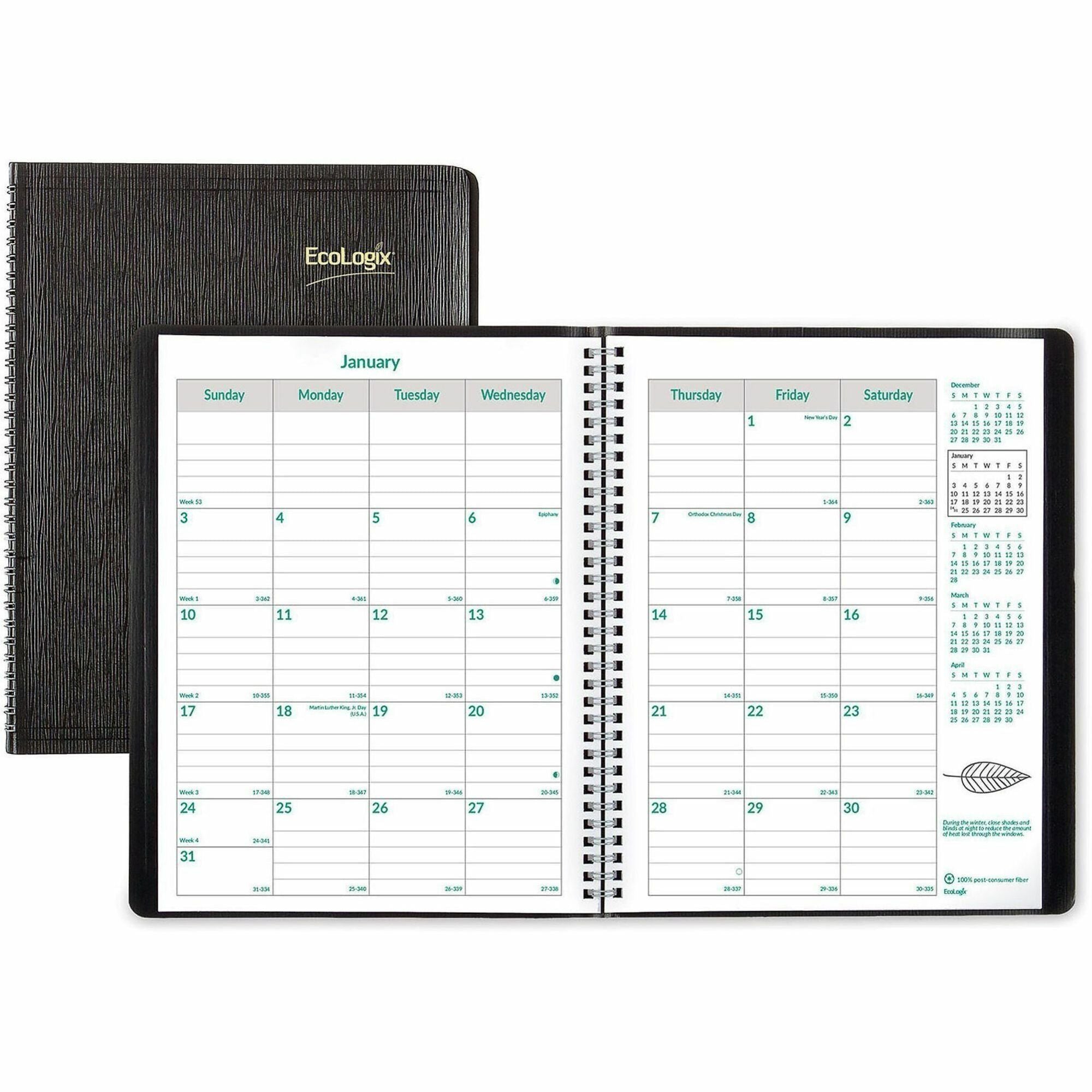 EcoLogix Recycled Monthly Planner, EcoLogix Artwork, 11 x 8.5, Black Cover, 14-Month (Dec to Jan): 2023 to 2025