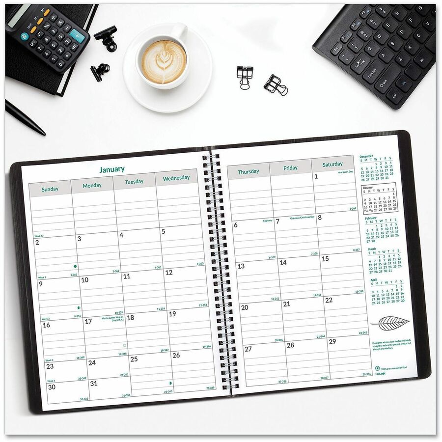 EcoLogix Recycled Monthly Planner, EcoLogix Artwork, 11 x 8.5, Black Cover, 14-Month (Dec to Jan): 2023 to 2025