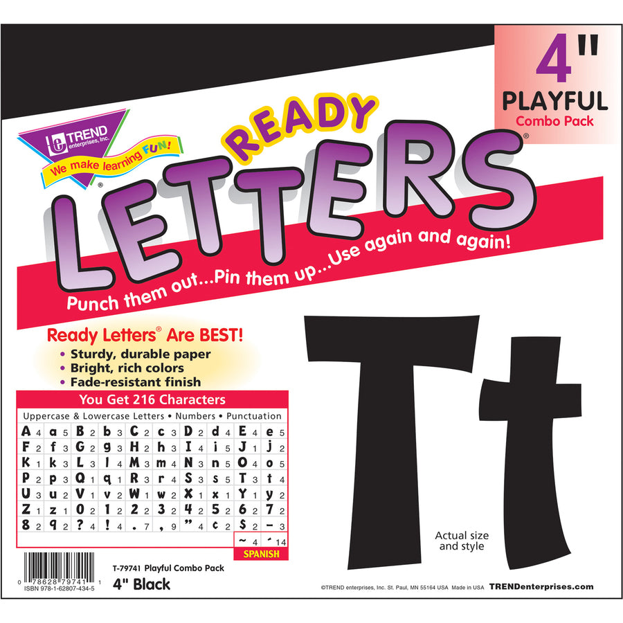 Trend 4" Ready Letter Playful Combo Pack - 83 x Lowercase Letters, 59 x Capital Letter, 36 x Punctuation Marks, 18 x Spanish Accent Mark Shape - Pin-up - Pin Style - Pre-punched - 4" Height x 8" Length - Black - 3 / Pack - 