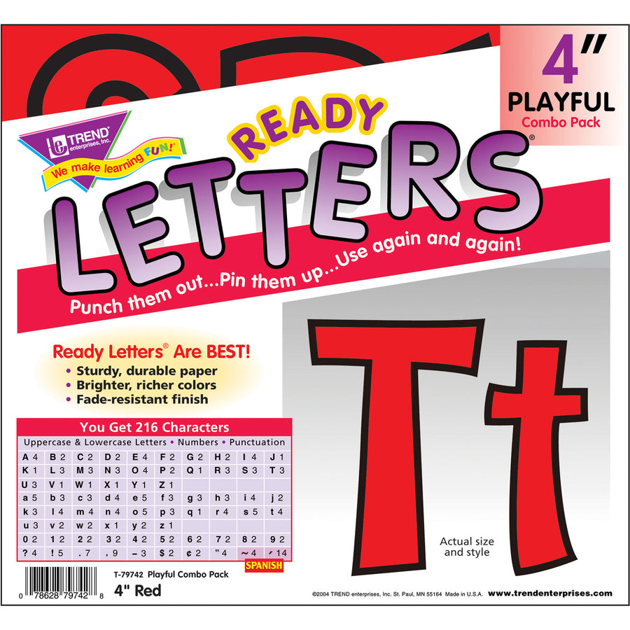 Trend 4" Ready Letter Playful Combo Pack - 83 x Lowercase Letters, 59 x Capital Letter, 36 x Punctuation Marks, 18 x Spanish Accent Mark Shape - Pin-up - Pin Style - Pre-punched - 4" Height x 9" Length - Red - 3 / Pack - 