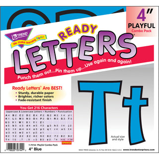 Trend 4" Ready Letter Playful Combo Pack - 83 x Lowercase Letters, 59 x Capital Letter, 36 x Punctuation Marks, 18 x Spanish Accent Mark Shape - Pin-up - Pin Style - Pre-punched - 4" Height x 8" Length - Blue - 3 / Pack - 