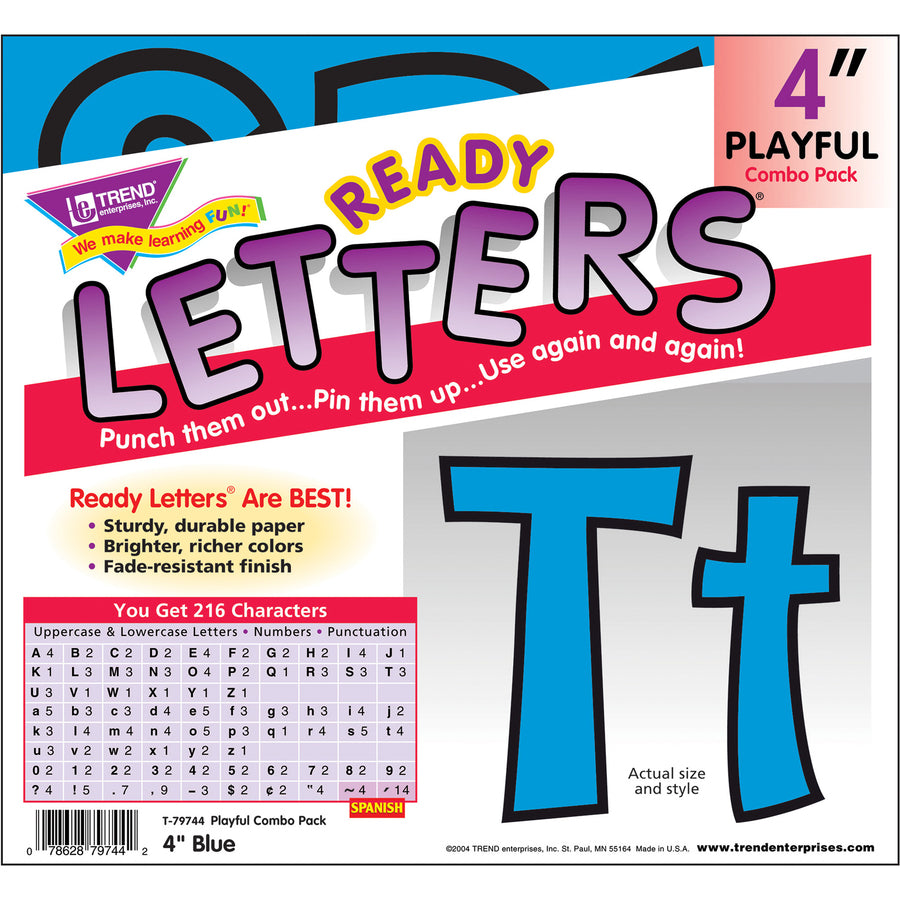 Trend 4" Ready Letter Playful Combo Pack - 83 x Lowercase Letters, 59 x Capital Letter, 36 x Punctuation Marks, 18 x Spanish Accent Mark Shape - Pin-up - Pin Style - Pre-punched - 4" Height x 8" Length - Blue - 3 / Pack - 