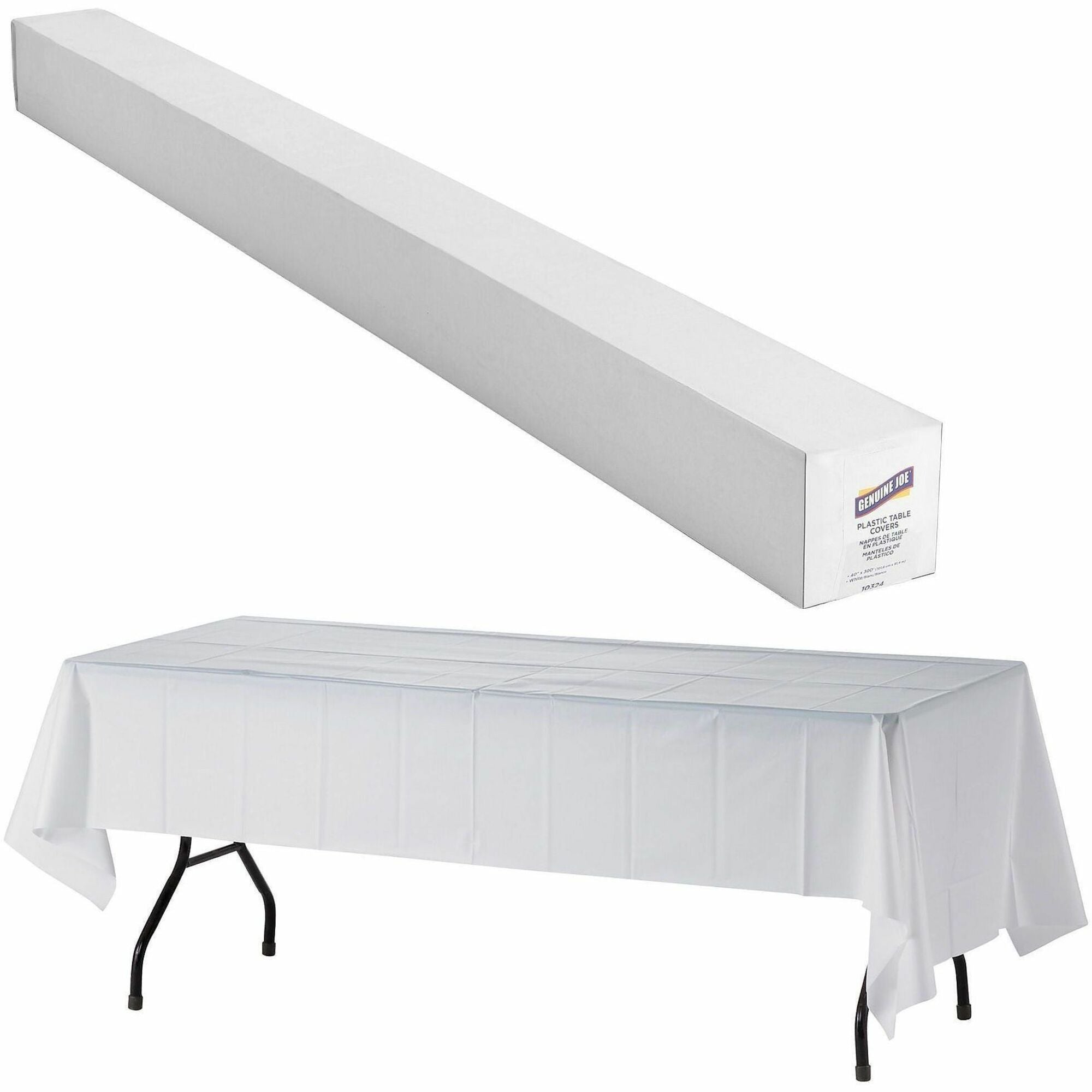 Genuine Joe Banquet-Size Plastic Tablecover - 300 ft Length x 40" Width - Plastic - White - 1 / Roll