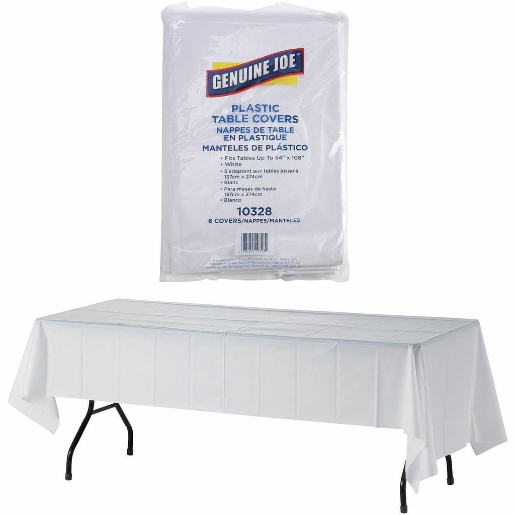 Genuine Joe Plastic Rectangular Table Covers - 108" Length x 54" Width - Plastic - White - 6 / Pack