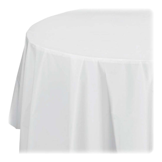 Genuine Joe Plastic Round Tablecovers - 84" Diameter - Plastic - White - 6 / Pack - 