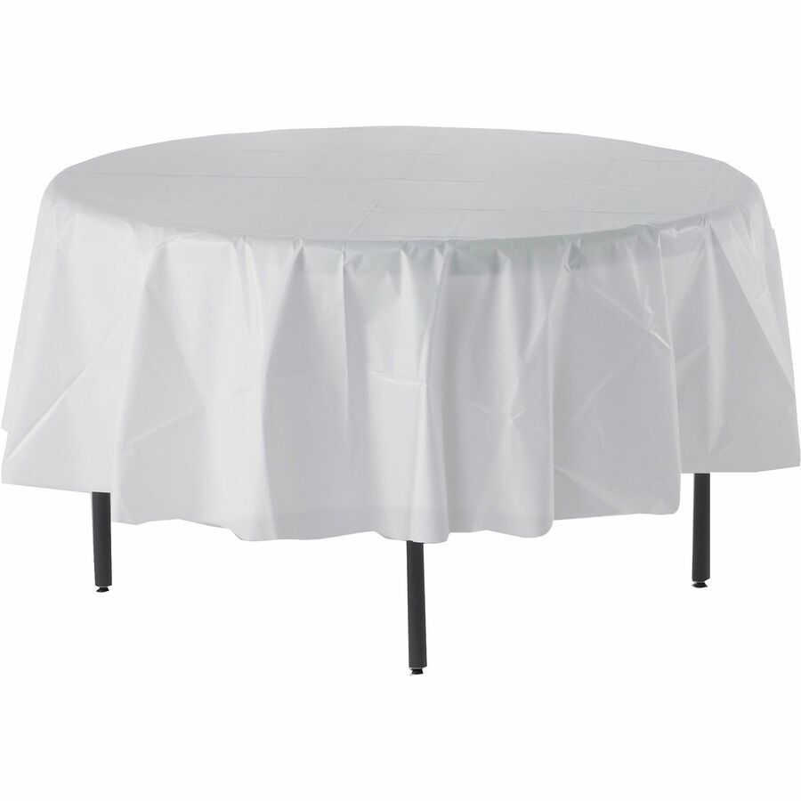 Genuine Joe Plastic Round Tablecovers - 84" Diameter - Plastic - White - 6 / Pack - 