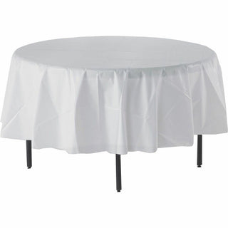 Genuine Joe Plastic Round Tablecovers - 84" Diameter - Plastic - White - 6 / Pack - 