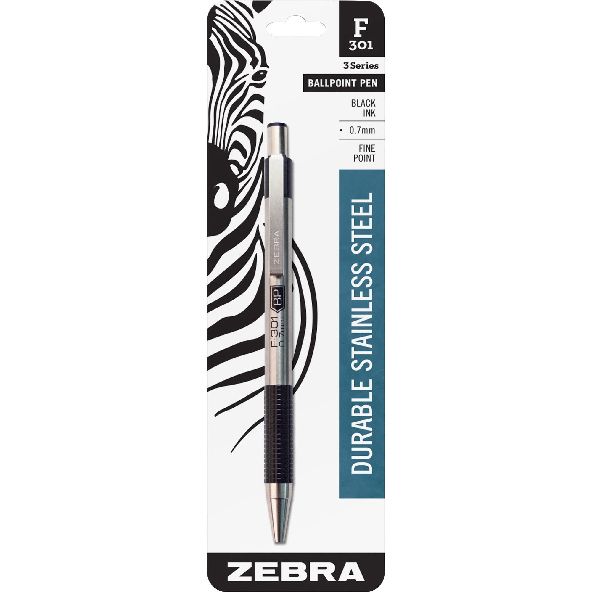 Zebra STEEL 3 Series F-301 Retractable Ballpoint Pen - Fine Pen Point - 0.7 mm Pen Point Size - Refillable - Retractable - Black - Stainless Steel Barrel - 1 Each - 