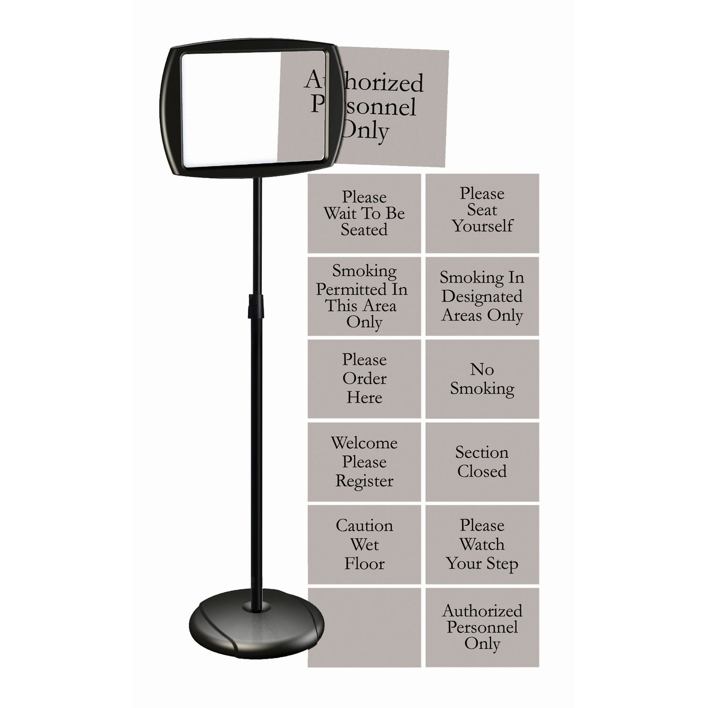 MasterVision Interchangeable Floor Pedestal Sign - 1 Each - Please Wait To Be Seated, Authorized Personnel Only, Please Watch Your Step, Please Seat Yourself, Smoking In Designated Areas Only, Smoking Permitted In This Area Only, Welcome Please Regis