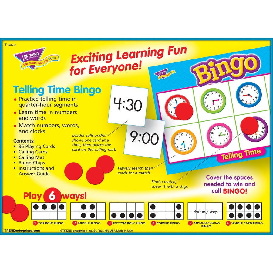 Trend Telling Time Bingo Game - Theme/Subject: Learning - Skill Learning: Time, Language - 6-8 Year
