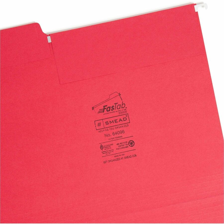 FasTab Hanging Folders, Letter Size, 1/3-Cut Tabs, Red, 20/Box