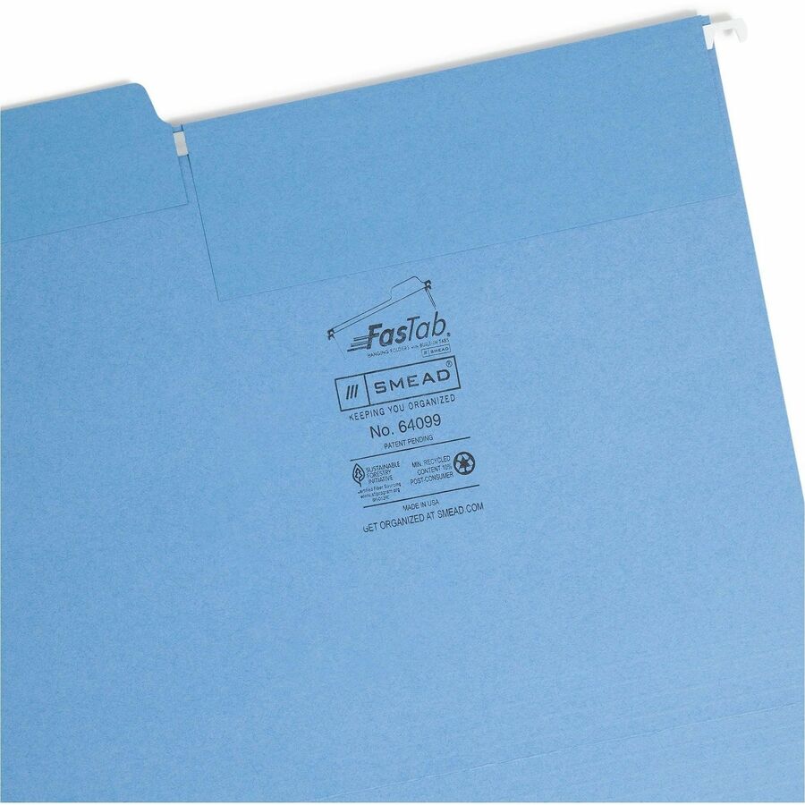 FasTab Hanging Folders, Letter Size, 1/3-Cut Tabs, Blue, 20/Box