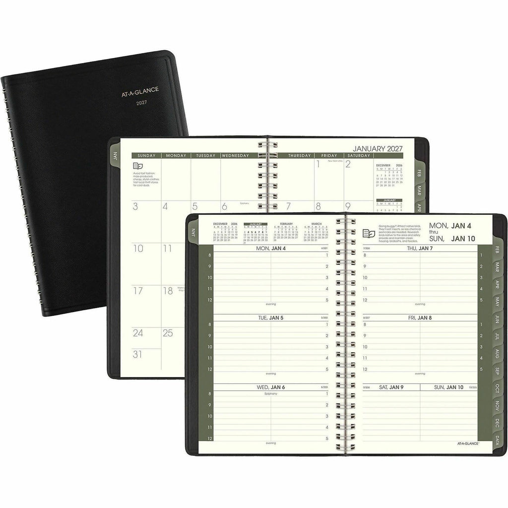 At-A-Glance Recycled Appointment Book Planner - Julian Dates - Weekly - January 2024 - December 2024 - 8:00 AM to 5:00 PM - Hourly - 1 Week Double Page Layout - 4 7/8" x 8" Sheet Size - Desk Pad - Black - Tabbed, Phone Directory, Address Directory -