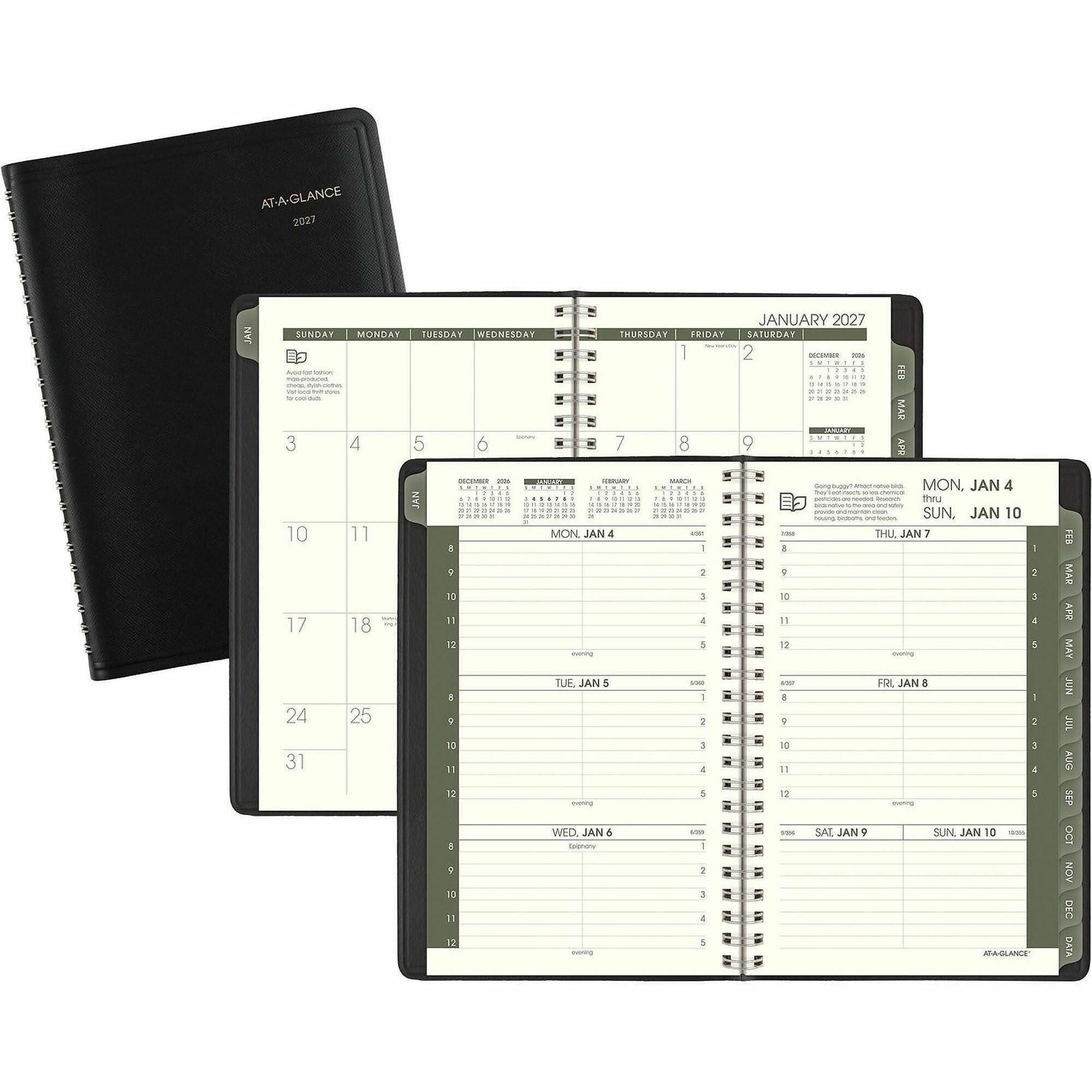 At-A-Glance Recycled Appointment Book Planner - Julian Dates - Weekly - January 2024 - December 2024 - 8:00 AM to 5:00 PM - Hourly - 1 Week Double Page Layout - 4 7/8" x 8" Sheet Size - Desk Pad - Black - Tabbed, Phone Directory, Address Directory -