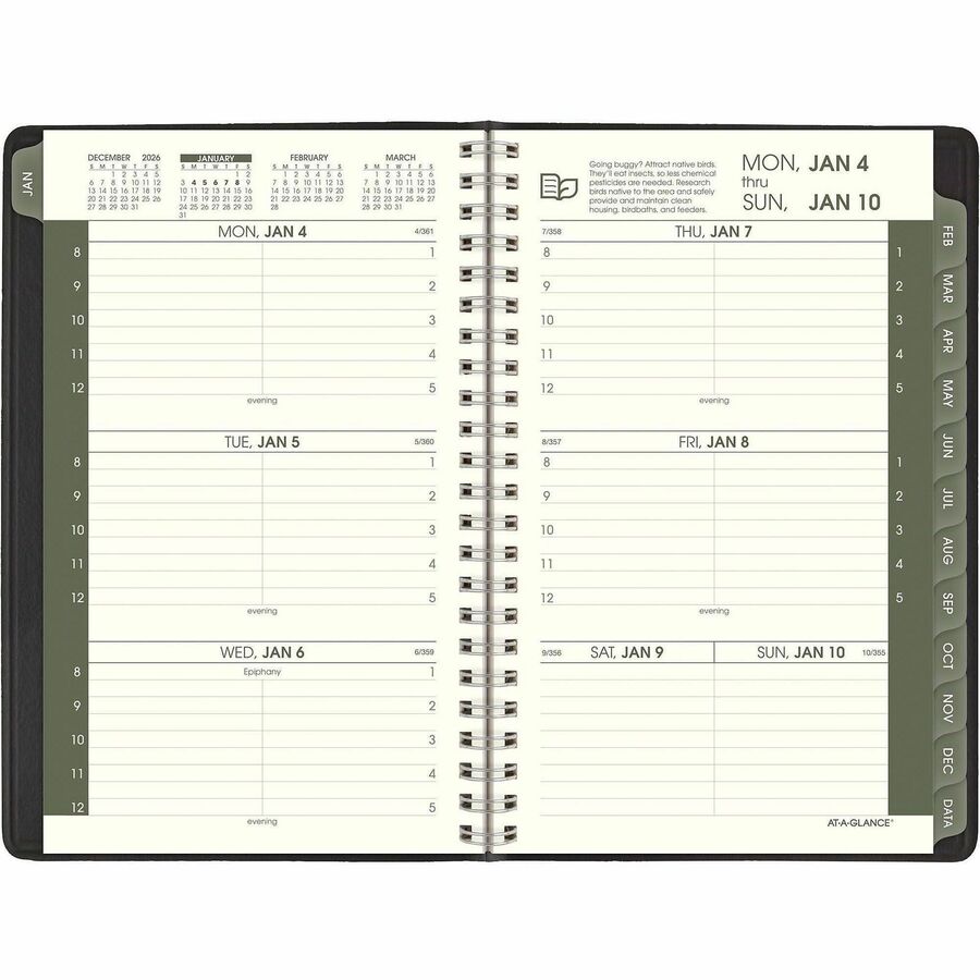 At-A-Glance Recycled Appointment Book Planner - Julian Dates - Weekly - January 2024 - December 2024 - 8:00 AM to 5:00 PM - Hourly - 1 Week Double Page Layout - 4 7/8" x 8" Sheet Size - Desk Pad - Black - Tabbed, Phone Directory, Address Directory -