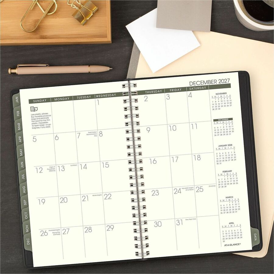 At-A-Glance Recycled Appointment Book Planner - Julian Dates - Weekly - January 2024 - December 2024 - 8:00 AM to 5:00 PM - Hourly - 1 Week Double Page Layout - 4 7/8" x 8" Sheet Size - Desk Pad - Black - Tabbed, Phone Directory, Address Directory -