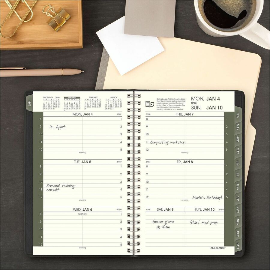 At-A-Glance Recycled Appointment Book Planner - Julian Dates - Weekly - January 2024 - December 2024 - 8:00 AM to 5:00 PM - Hourly - 1 Week Double Page Layout - 4 7/8" x 8" Sheet Size - Desk Pad - Black - Tabbed, Phone Directory, Address Directory -