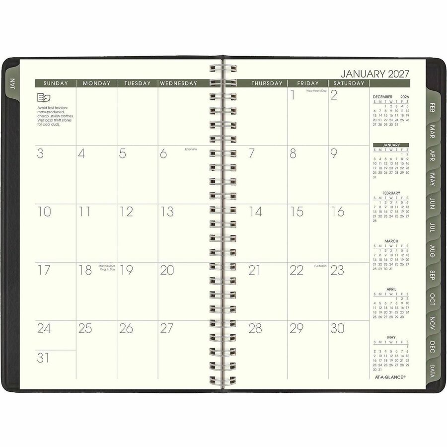 At-A-Glance Recycled Appointment Book Planner - Julian Dates - Weekly - January 2024 - December 2024 - 8:00 AM to 5:00 PM - Hourly - 1 Week Double Page Layout - 4 7/8" x 8" Sheet Size - Desk Pad - Black - Tabbed, Phone Directory, Address Directory -
