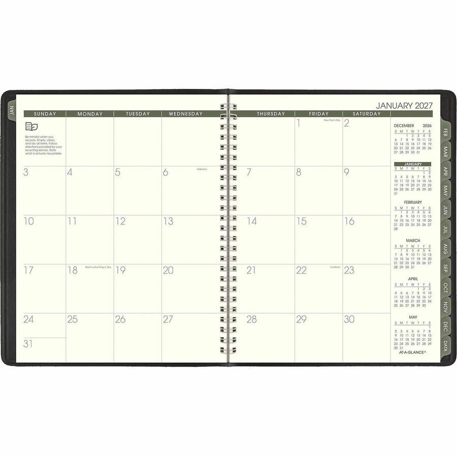 Recycled Monthly Planner with Perforated Memo Section, 8.75 x 7, Black Cover, 12-Month (Jan to Dec): 2024