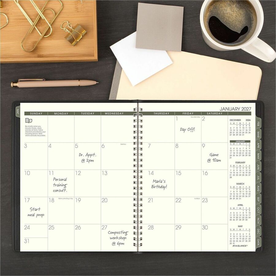 Recycled Monthly Planner with Perforated Memo Section, 8.75 x 7, Black Cover, 12-Month (Jan to Dec): 2024
