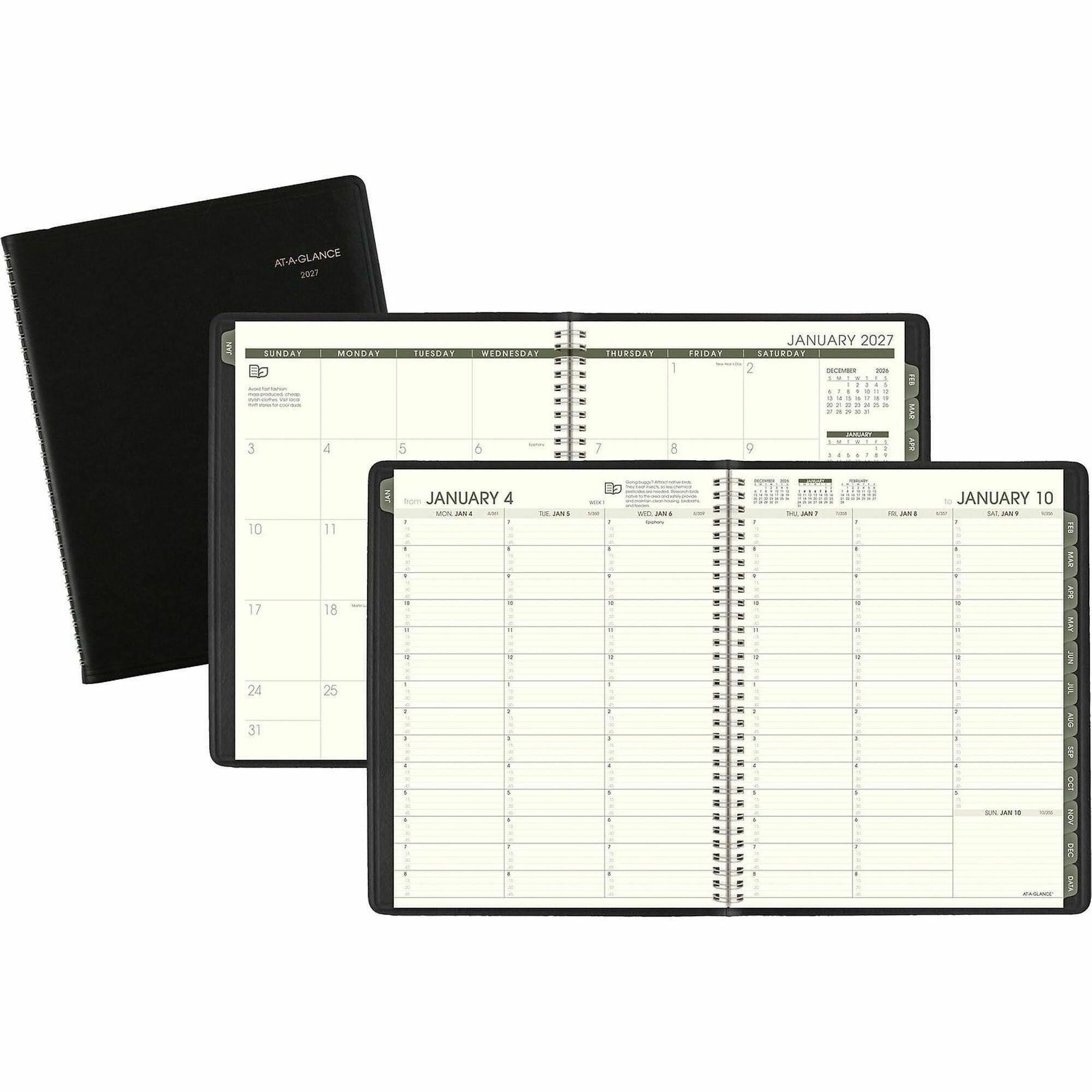 At-A-Glance Recycled Appointment Book Planner - Large Size - Julian Dates - Weekly, Monthly - 1 Year - January 2024 - December 2024 - 7:00 AM to 8:45 PM - Quarter-hourly, 7:00 AM to 5:30 PM - Quarter-hourly - 1 Week, 1 Month Double Page Layout - 8 1/